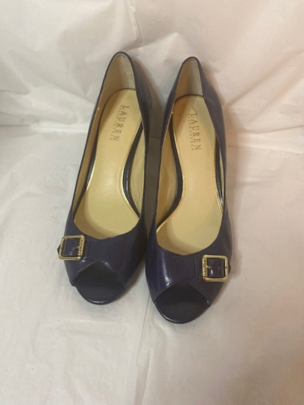 Lauren Ralph Lauren Damaris Navy Leather Peep Toe Heels, Women's size  8.5B